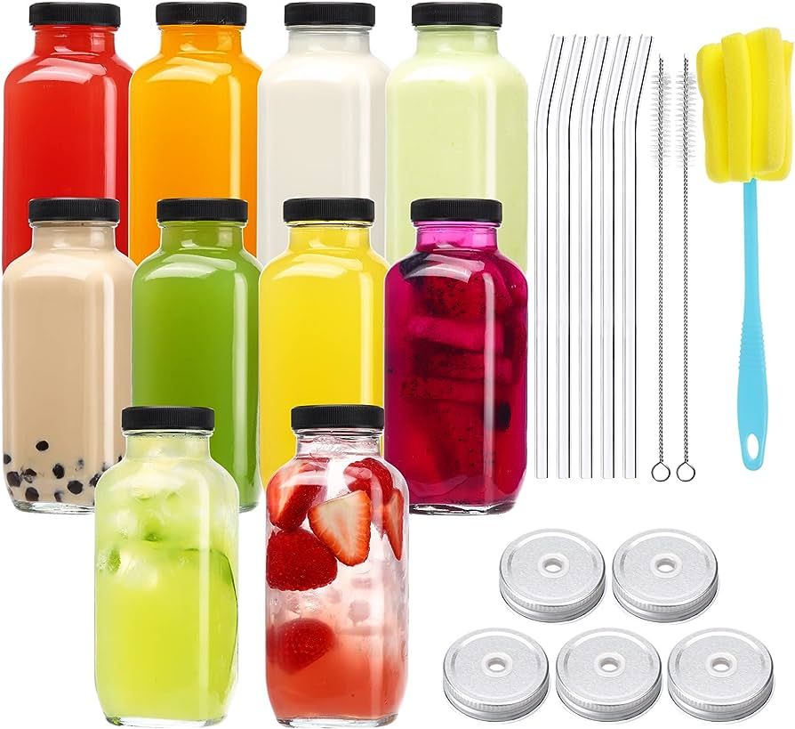 CUCUMI 10pcs 16oz Glass Juice Bottles with Lids, Reusable Juice Containers Drinking Jars Water Cu... | Amazon (US)