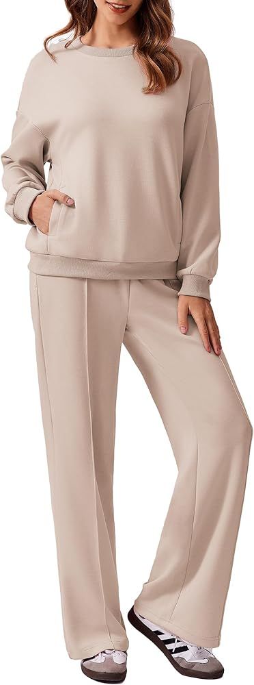 PINSPARK 2 Piece Sets For Women Long Sleeve Sweatshirts Drawstring Straight Leg Pants Fall Travel... | Amazon (US)