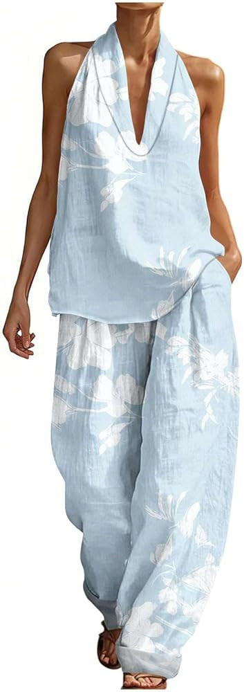 2 Piece Sets For Women Summer Halter Neck Sleeveless Matching Set Outfits for Vacation Beach Part... | Amazon (US)