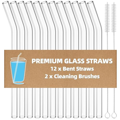 Antner 12 Pack Reusable Glass Straw, 8.5" x 10MM Bent Clear Glass Drinking Straws for Hot & Cold Drinks, 2 Cleaning Brushes Included | Amazon (US)