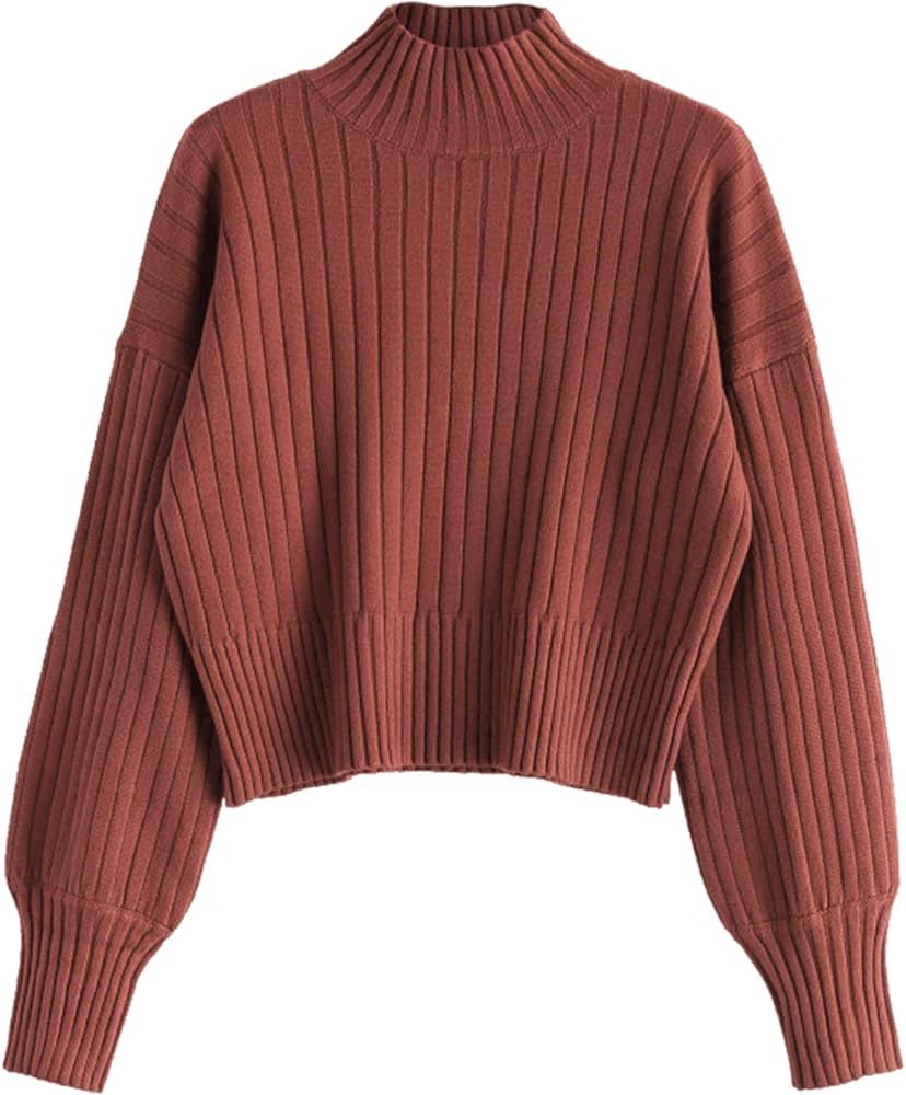 ZAFUL Women's Mock Neck Sweater Long Sleeve Ribbed Knit Basic Cropped Pullover Sweater | Amazon (US)