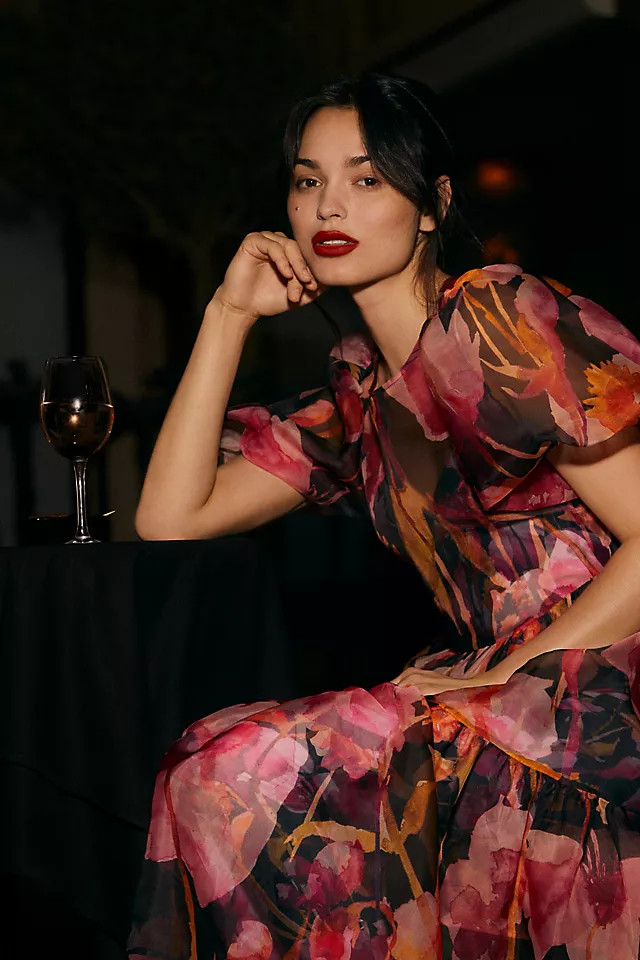 By Anthropologie Puff-Sleeve Organza Midi Dress | Anthropologie (US)