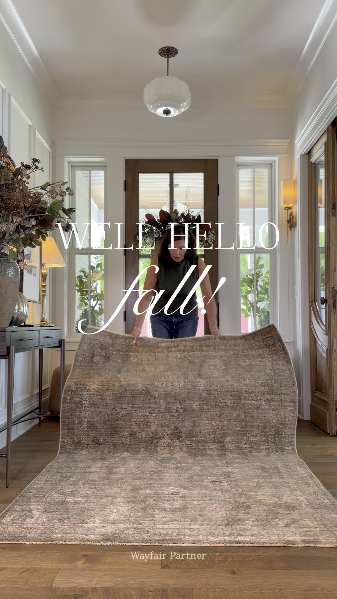 Fall refresh in my foyer with a new rug and gorgeous upholstered stool, floor baskets and pumpkin decor. I’m keeping my door basket for fall, filled with gorgeous stems. 

 #LTKSeasonal #LTKHome #LTKSaleAlert