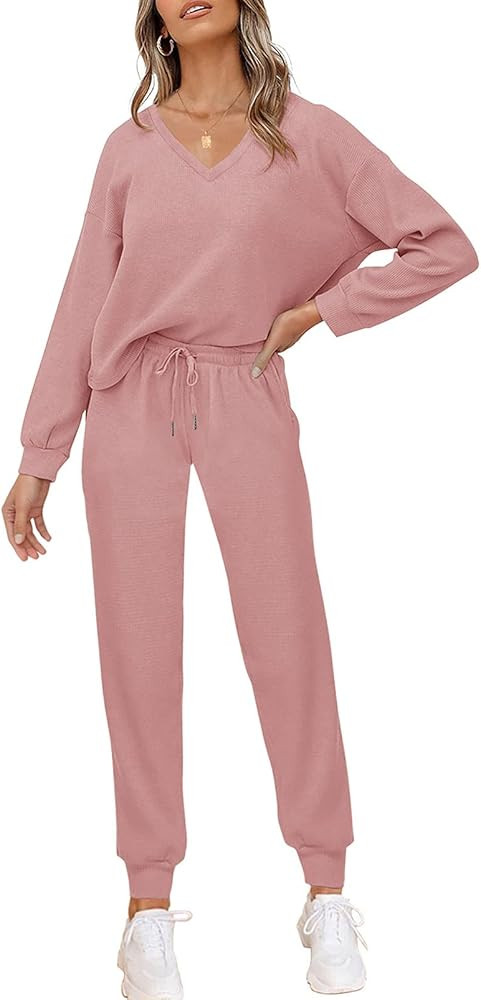 PIIRESO Women's V Neck Waffle Knit 2 Piece Outfits Long Sleeve Top and Pants Loungewear Jogger Sets  | Amazon (US)