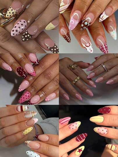 144pcs (6 Assorted Styles) Almond-Shaped, Macaron Color, Pink, Yellow, Brown Nails, Striped & Polka Dot Designs, Press-On Nail Stickers, Perfect Fit. Ideal For Summer Manicure, Suitable For Women & Girls For Daily Work And Parties. | SHEIN