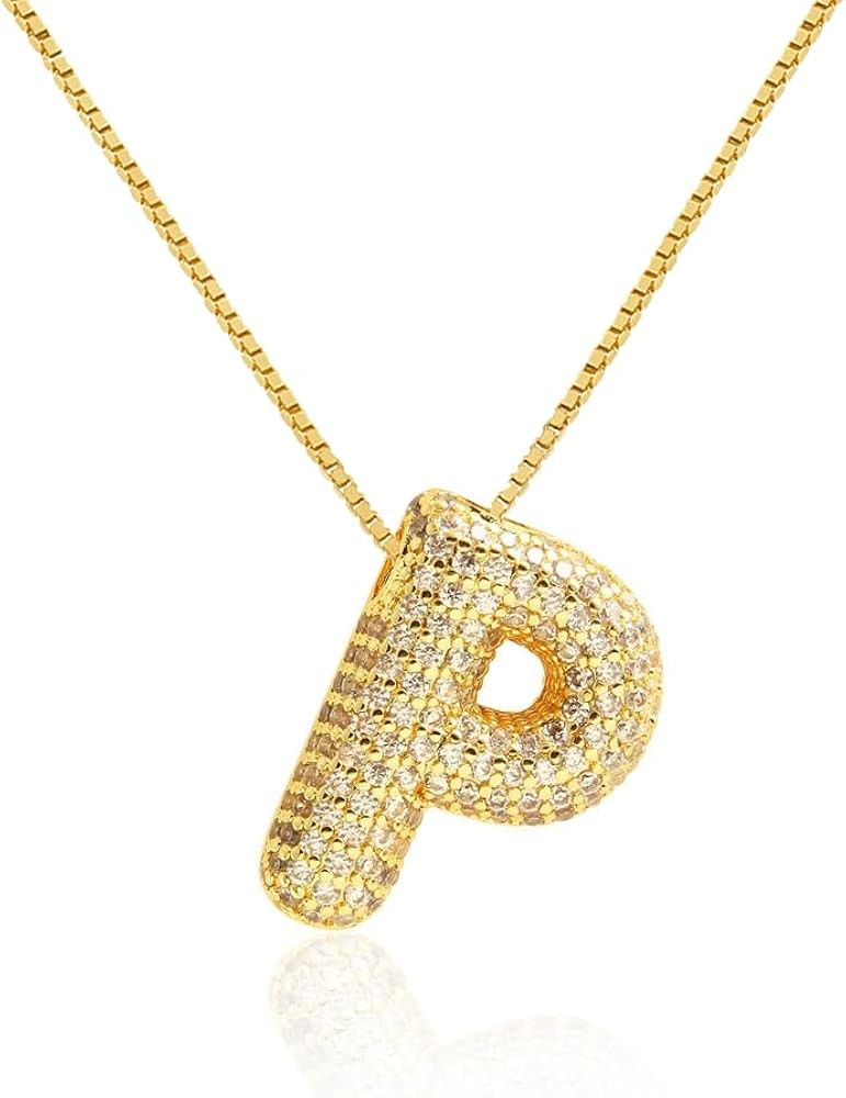 Bubble Letter Necklace Balloon Initial Necklaces for Women Dainty Alphabet Pendant 14K Gold Plate... | Amazon (US)