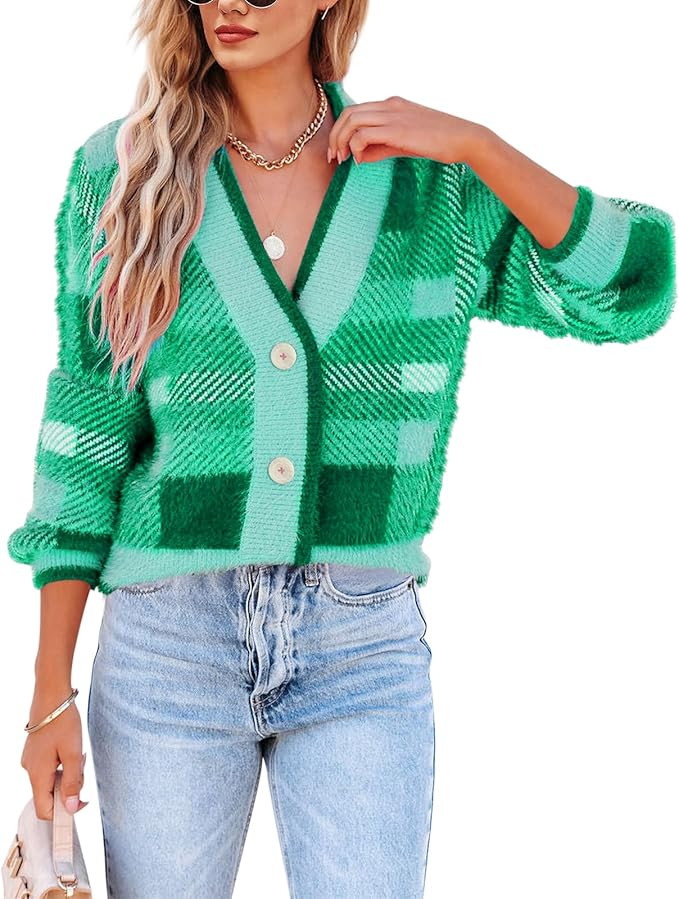Imily Bela Womens Cardigan Sweaters Plaid Fuzzy Knit V Neck Button Down Long Sleeve Cozy Cardigan... | Amazon (US)