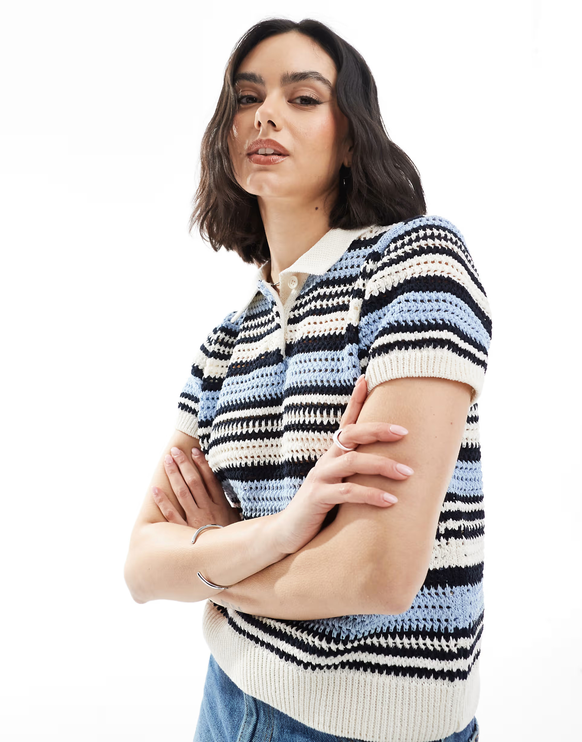 ASOS DESIGN short sleeve polo top in blue stripe | ASOS (Global)