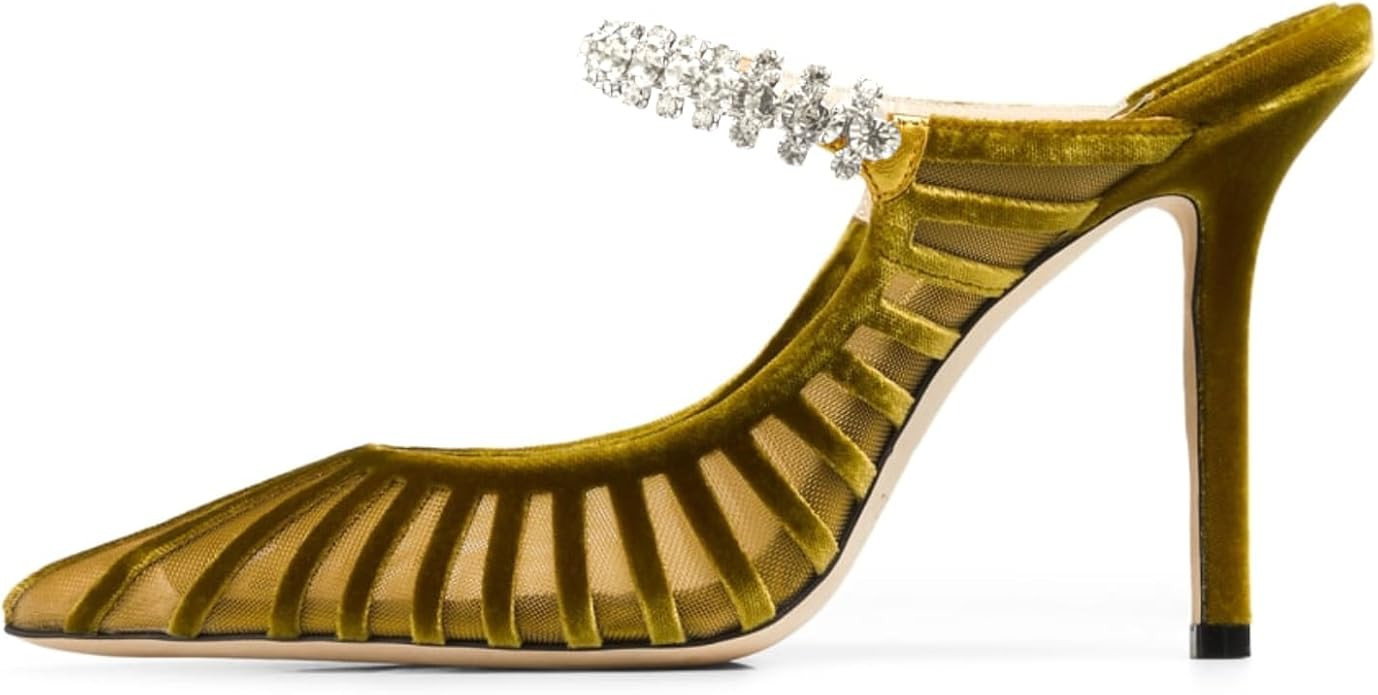 Women Heeled Mules Rhinestone Strappy Clear Heels Pointed Toe Stiletto Slip On Bridal Sandals for... | Amazon (US)