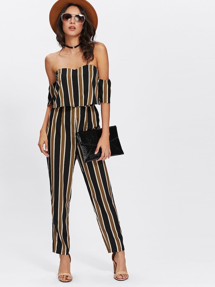 SHEIN Flounce Layered Neck Striped Jumpsuit | SHEIN