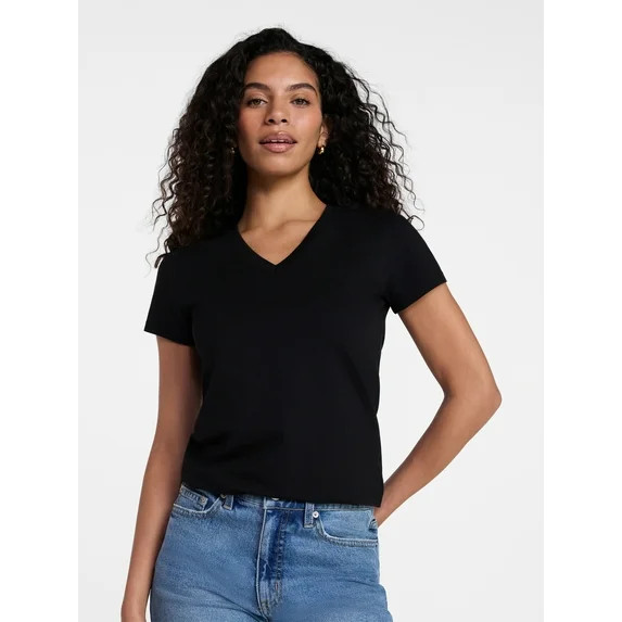 Time and Tru Women's Slim V Neck Tee with Short Sleeves, Sizes XS-XXXL | Walmart (US)
