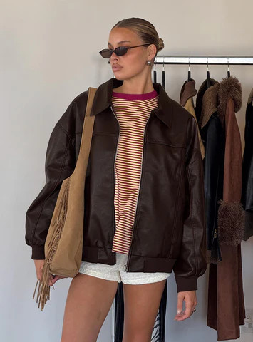 Goldsmith Faux Leather Bomber Jacket Brown | Princess Polly US