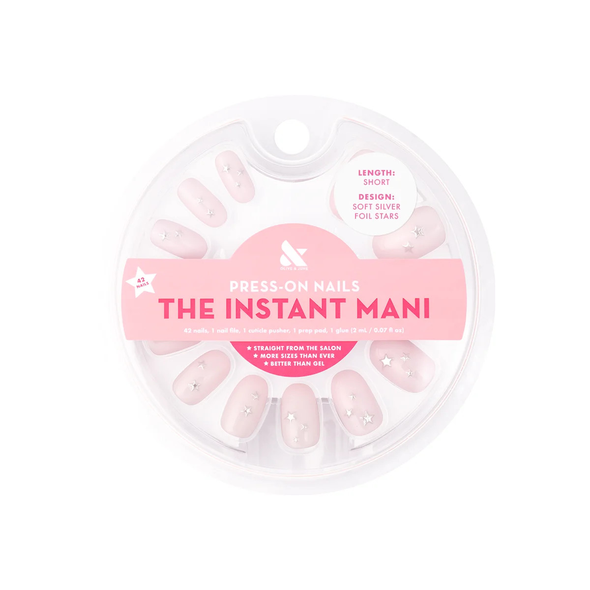 Olive & June Instant Mani Short Round Press-on Nails, Silver Foil Stars, 42 Pieces | Walmart (US)