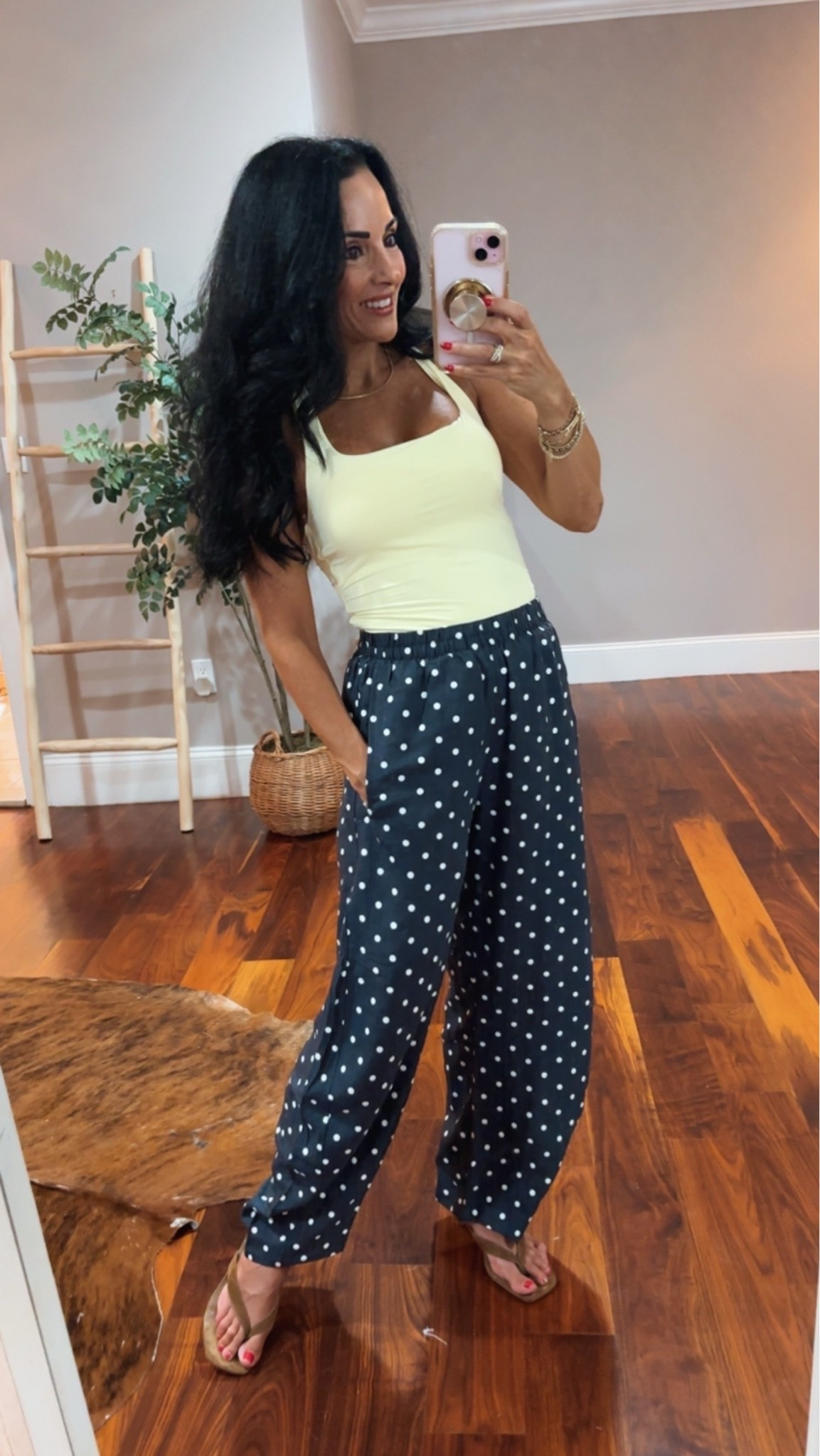Amazon look!
Polka dot elastic waist pants and a yellow racerback tank top with built in bra

#LTKootd #LTKSaleAlert #LTKOver40