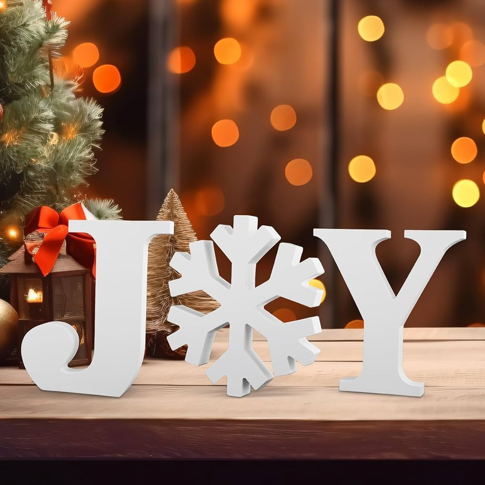 3 Pcs Christmas Joy Sign, Xmas Decorations Joy Sign Wooden Christmas Table Decor White Joy Sign W... | Amazon (US)