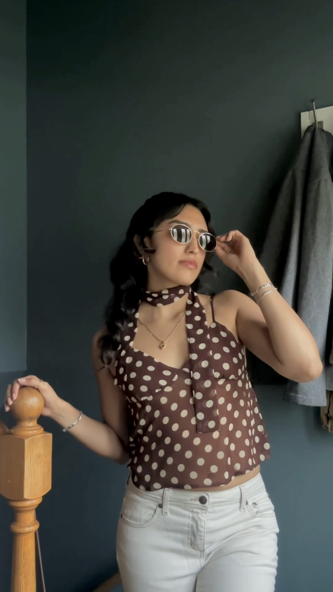 CHIFFON SWEETHEART POLKA DOT CROP CAMI TOP WITH SCARF WHITE BEIGE PANTS VNECK FALL BROWN GOLD JEWELRY 

#LTKFindsUnder50 #LTKPetite #LTKHalloween