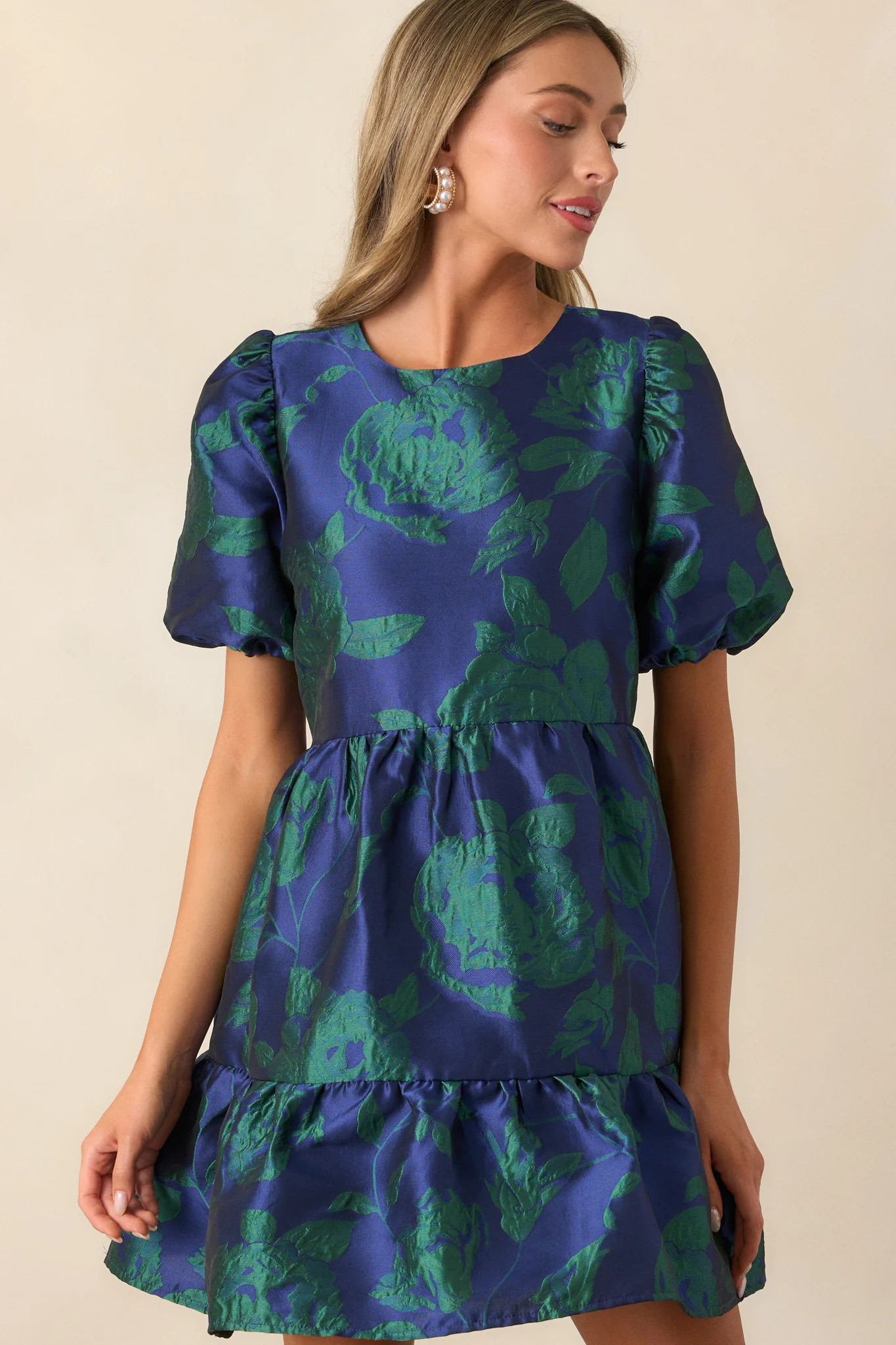 Making It Shine Midnight Blue Floral Jacquard Mini Dress | Red Dress