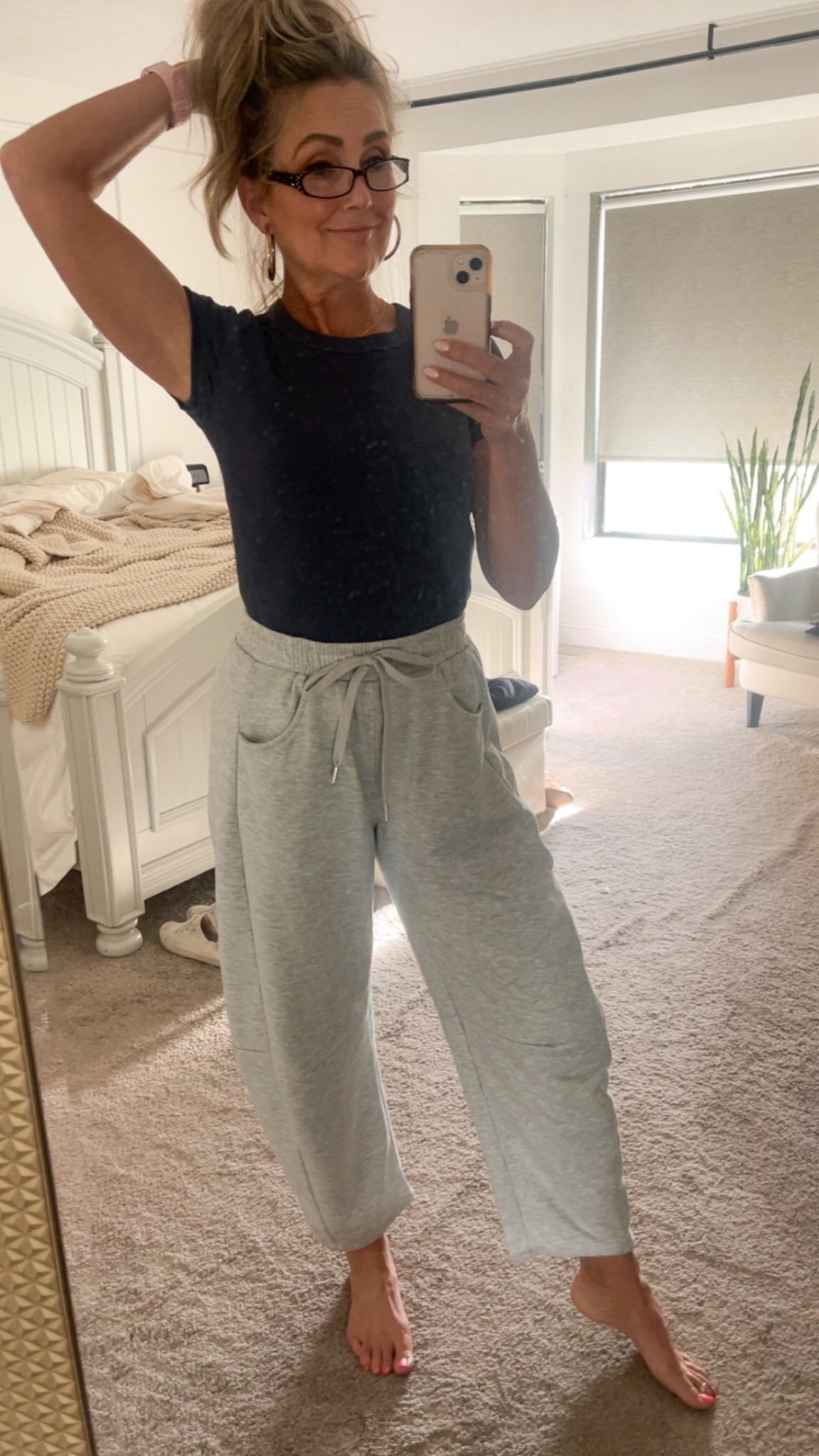At home and comfy! 
Barrel sweats wearing size M. 
Navy blue tshirt size S. 

#comfyoutfit #fallfashion #athome #amazonoutfit

#LTKSeasonal #LTKStyleTip #LTKOver40