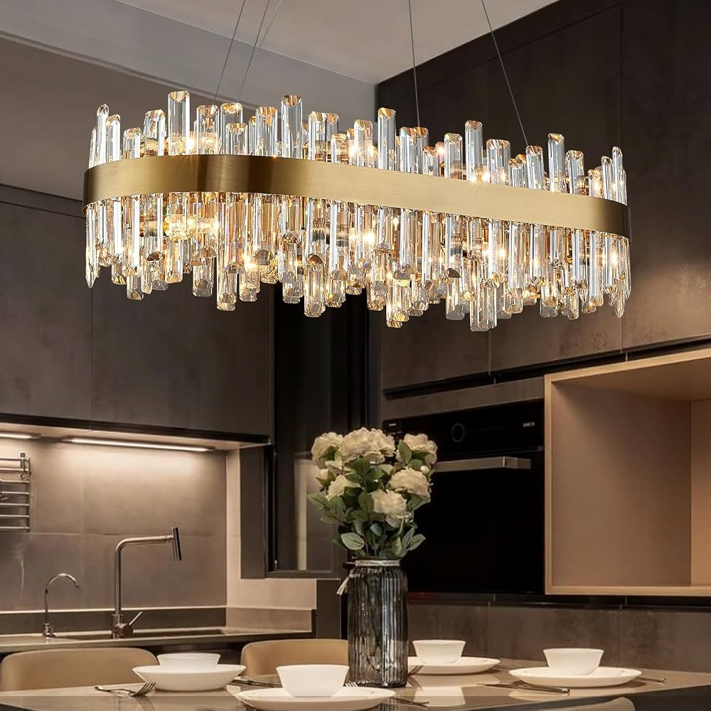 Siljoy Candelabros modernos de cristal, 16 luces de latón dorado rectangular K9 con forma de got... | Amazon (US)