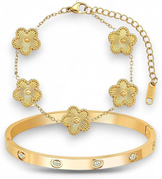 18K Gold Plated Clover Bracelet and Bangle Set for Women | Lucky Bracelet Flower Link Adjustable ... | Amazon (US)