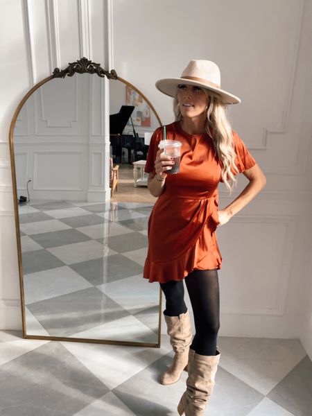Fall clothes for women- satin dress, fall boots and hat 

#LTKHoliday #LTKstyletip #LTKSeasonal