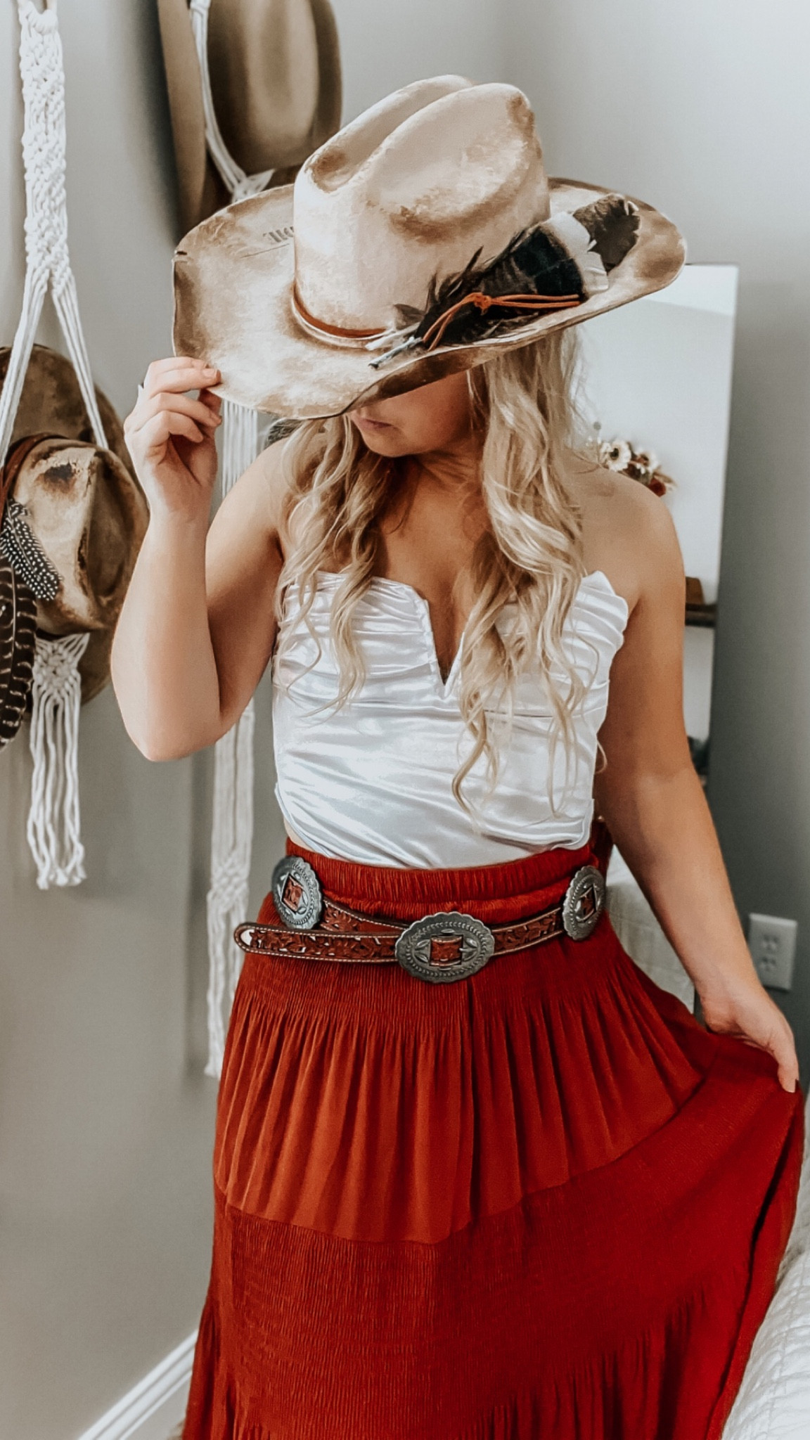 Country concert, Nashville outfit, skirt, silk top, western burned hat, cowgirl hat, cowboy hat

#LTKshoecrush #LTKstyletip #LTKfit
