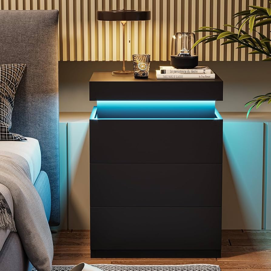 ADORNEVE Nightstand with Charging Station and LED Lights,Night Stand with Sliding Top,Bedside Tab... | Amazon (US)
