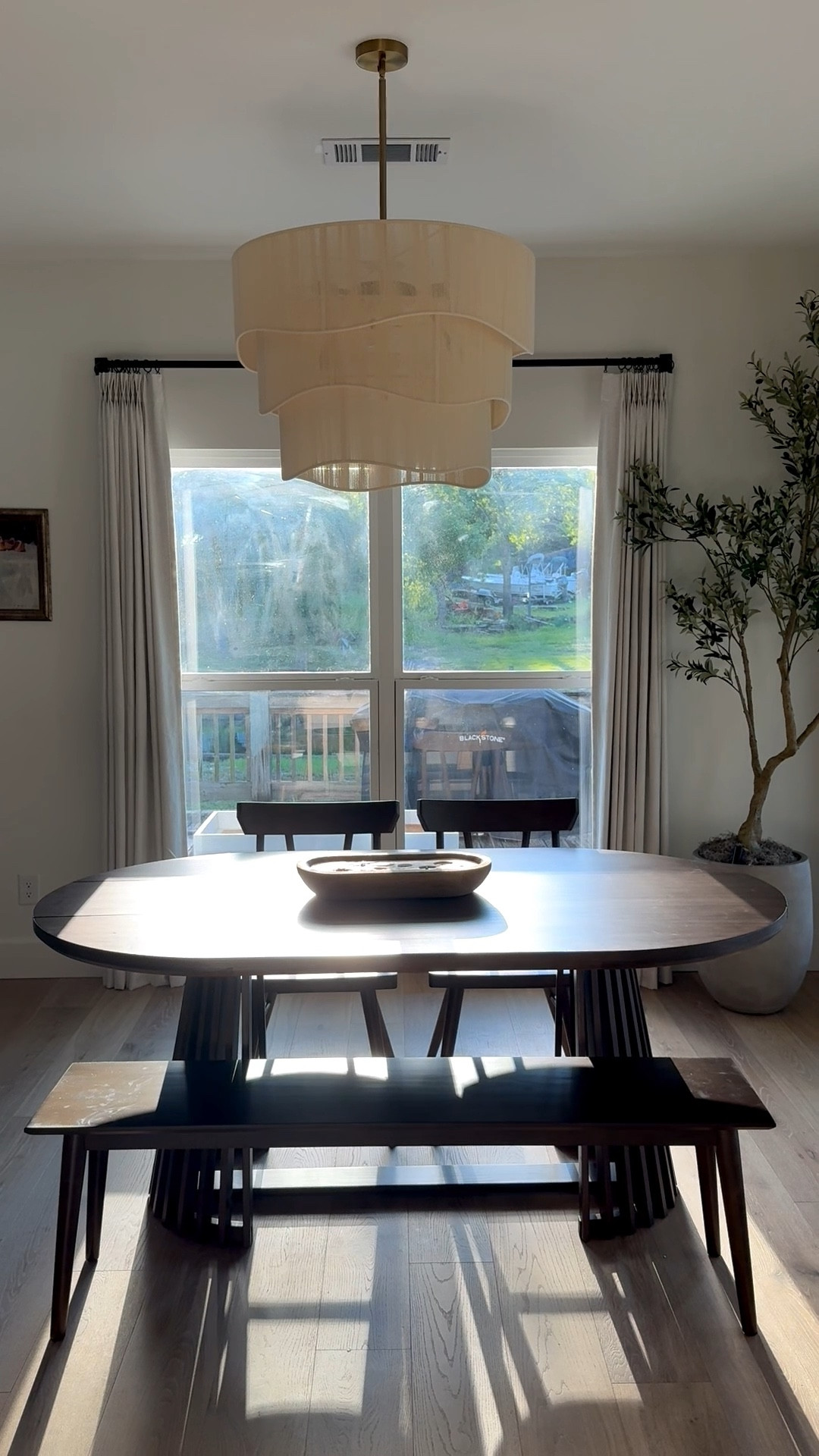 Dining table. Dining bench. Walnut dining table. Chandelier. Olive tree. Planter. Wall art. Curtains. Curtain rod. Dining chairs  

#LTKHome