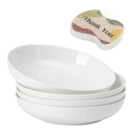Dowan 9.75in White Deep Pasta Bowl Set of 4, Porcelain Salad Bowls, 50Oz Large Ceramic Serving Bowls Set and Plates Sets, Free Sponge | Walmart (US)