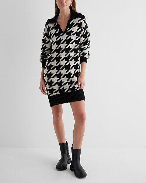 Houndstooth V-neck Mini Sweater Polo Dress | Express