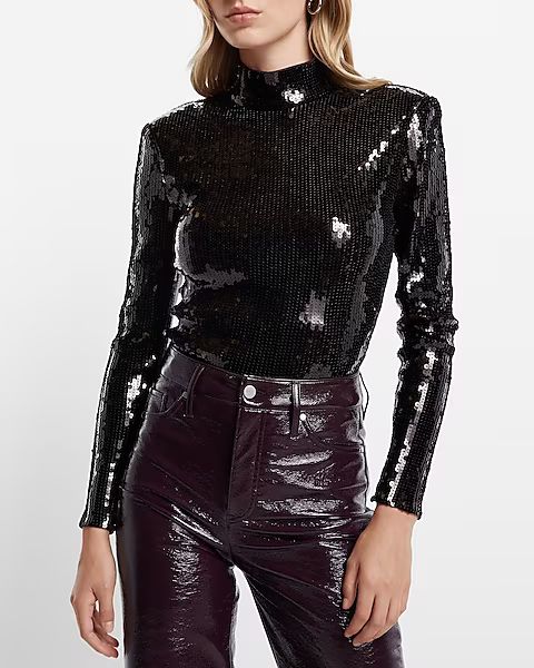 Sequin Mock Neck Long Sleeve Thong Bodysuit | Express