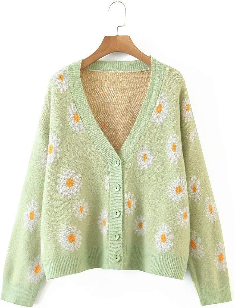 Women's Floral Knitted Daisy Sweater Cardigans Long Sleeve V Neck Loose Button Down Vintage Cotta... | Amazon (US)
