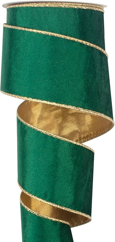 Wired Christmas Velvet Ribbon with Gold Edge 2.5 inch×10 Yards, Green Wide Wired Ribbon for Chri... | Amazon (US)