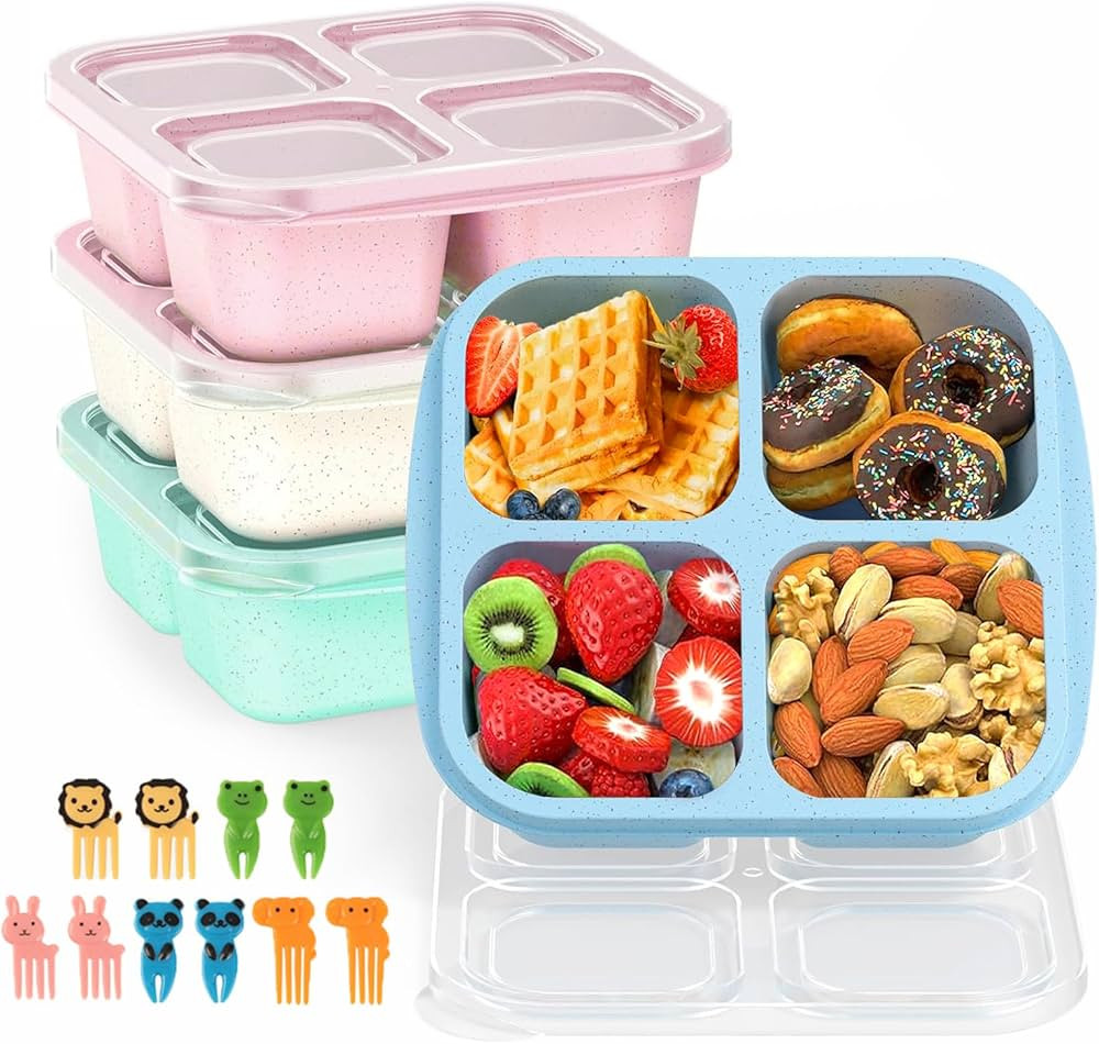 CIGENBON Bento Snack Boxes 4 Pack, Reusable Bento Boxes Kids with 4 Compartments & Fork, Lunch Sn... | Amazon (US)