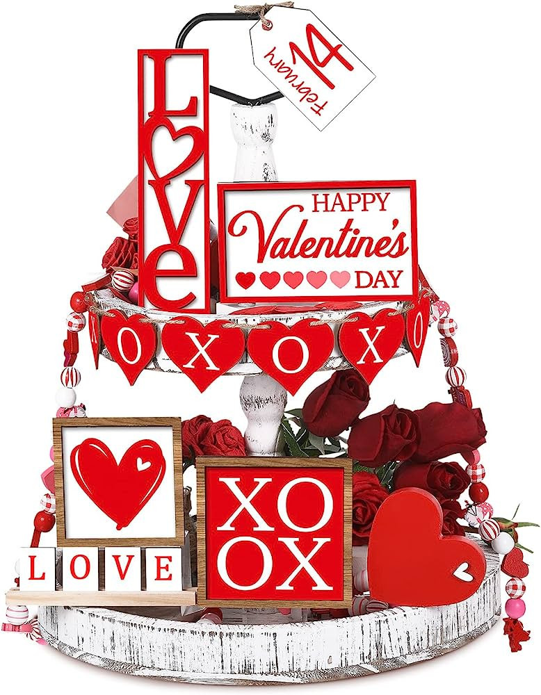 Valentine's Day Tiered Tray Decor Set Valentines Heart Wood Sign Rustic Farmhouse Decor Tiered Tr... | Amazon (US)