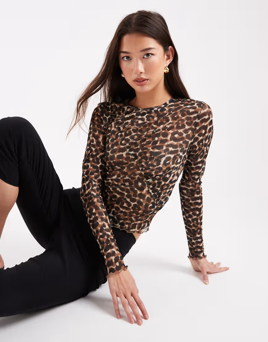 ONLY asymmetric detail mesh top in leopard print-Brown | ASOS (Global)