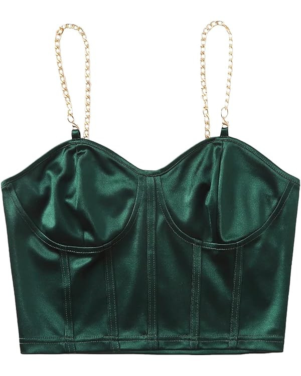 Romwe Women's Sleeveless Chain Spaghetti Strap Stain Cami Crop Top Bustier | Amazon (US)