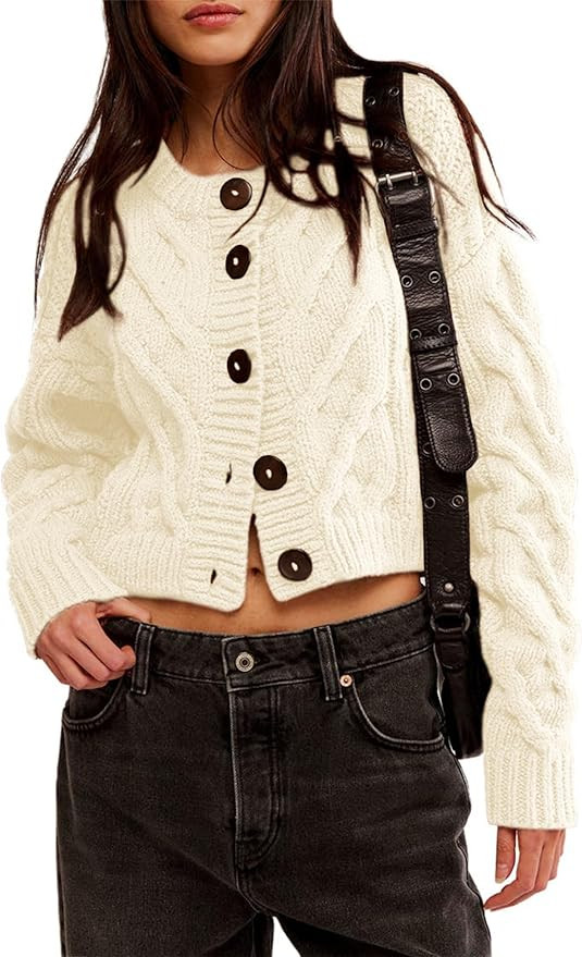 Zhiyouni Women's Cropped Cardigan Sweater Chunky Cable Knit Long Sleeves Button Down Coat | Amazon (US)