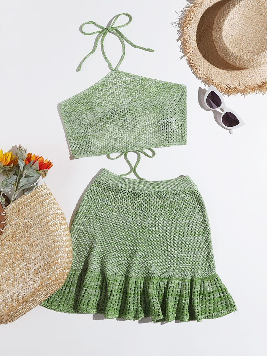 SHEIN Swim Mod Halterneck Tied Backless Pointelle Knit Cover Up Top & Skirt Set | SHEIN