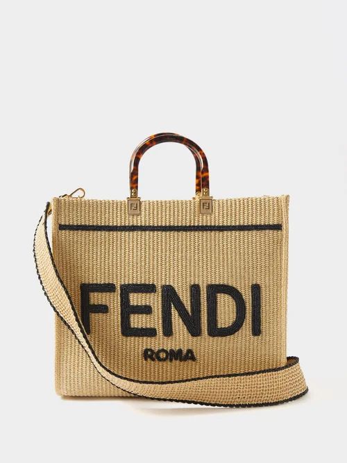 Fendi - Sunshine Embroidered-logo Raffia-woven Tote Bag - Womens - Black Beige | Matches (UK)