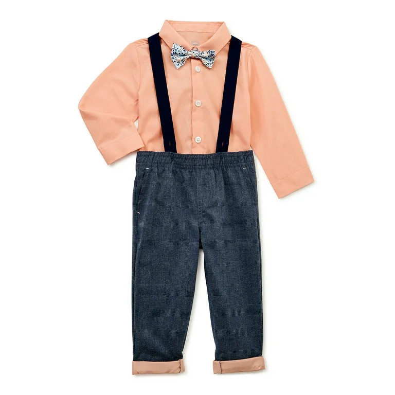 Wonder Nation Baby and Toddler Boy Button-Down Shirt, Bowtie, Suspenders and Pants Outfit Set, 4-... | Walmart (US)
