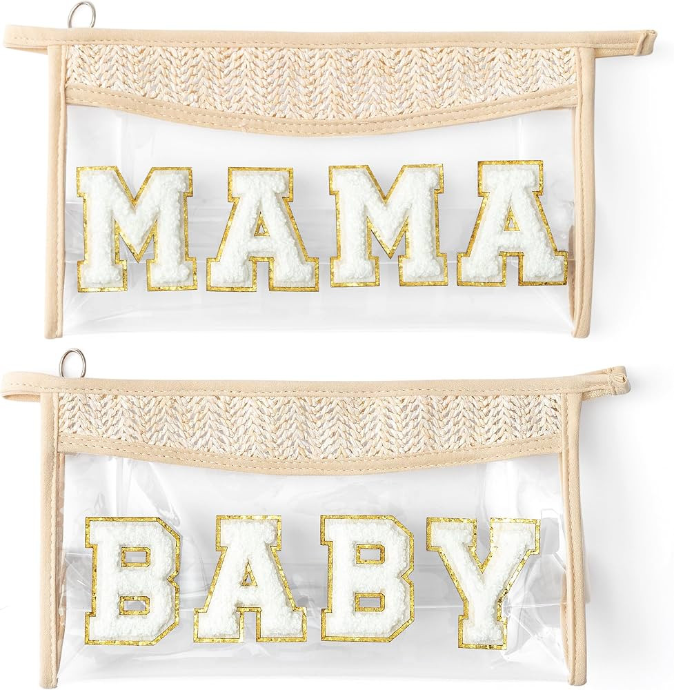 Boho Patch Cosmetic Bag - MAMA BABY Chenille Varsity Letter Toiletry Bag Beige Clear Waterproof Travel Makeup Bag PVC Zipper Clutch Daily Use Purse Summer Beach Gifts for Women Girls | Amazon (US)