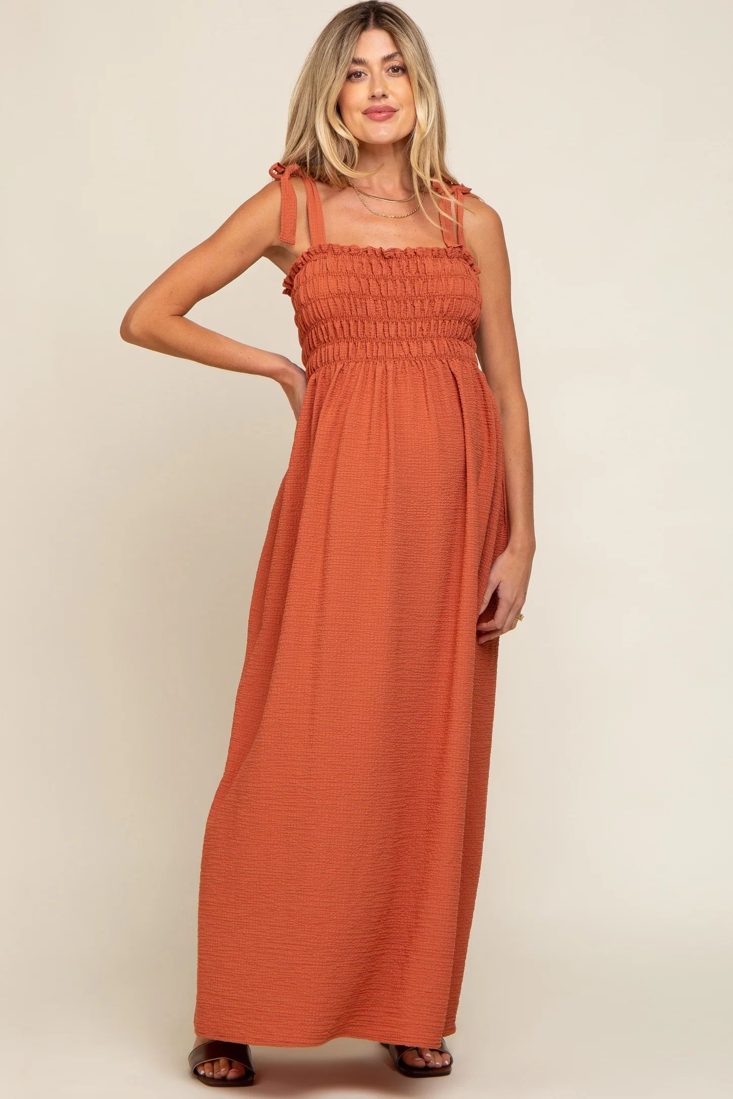 Rust Textured Smocked Shoulder Tie Maternity Maxi Dress | PinkBlush Maternity