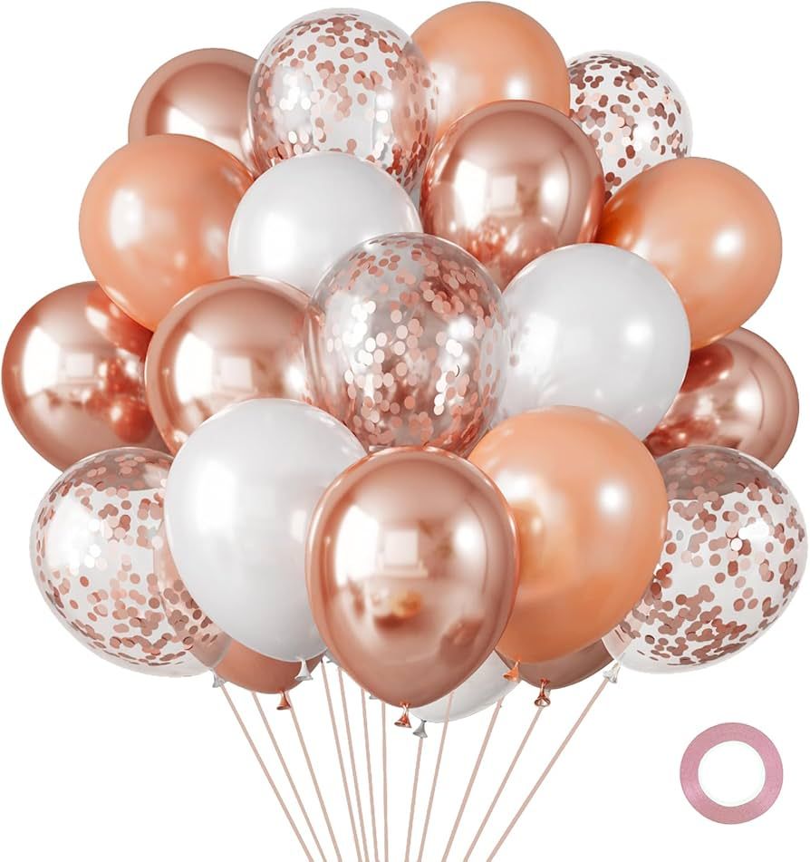 RUBFAC 65 Pcs 12 Inches Rose Gold Balloons, Rose Gold and White Confetti Latex Balloons for Valen... | Amazon (US)