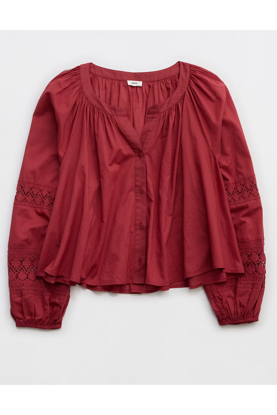 Aerie Long Sleeve Crochet Button Down Shirt Women's Summer Burgundy XXL | American Eagle Outfitters (US & CA)