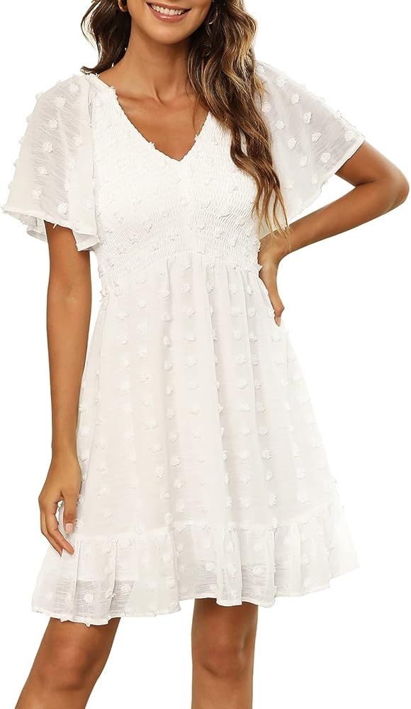 Annebouti Women's 2024 Summer Spring Flowy Smocked Dress Short/Long Sleeve Ruffle Hem Swiss Dot V... | Amazon (US)