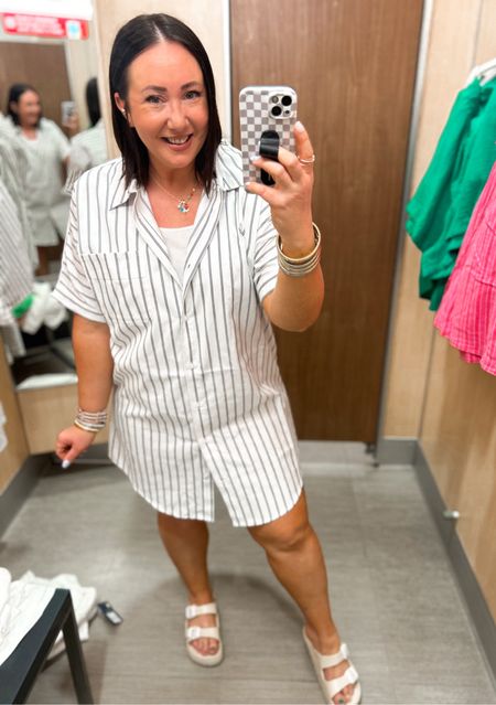 Love this striped mini shirt dress!

Size large.  Fits perfectly oversized. 
Sandals run tts  
XXL tank top

#LTKfindsunder50 #LTKmidsize #LTKSeasonal