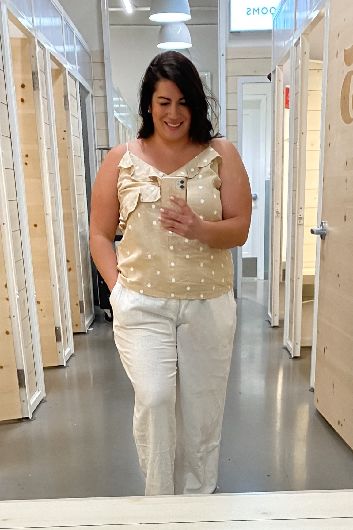 Coastal vibes in this adorable linen look. White linen pants paired with a cute tan and white polka dot top make. Size up on the top - it ran small. Size
Down for pants. 

#LTKFind #LTKunder50 #LTKSeasonal