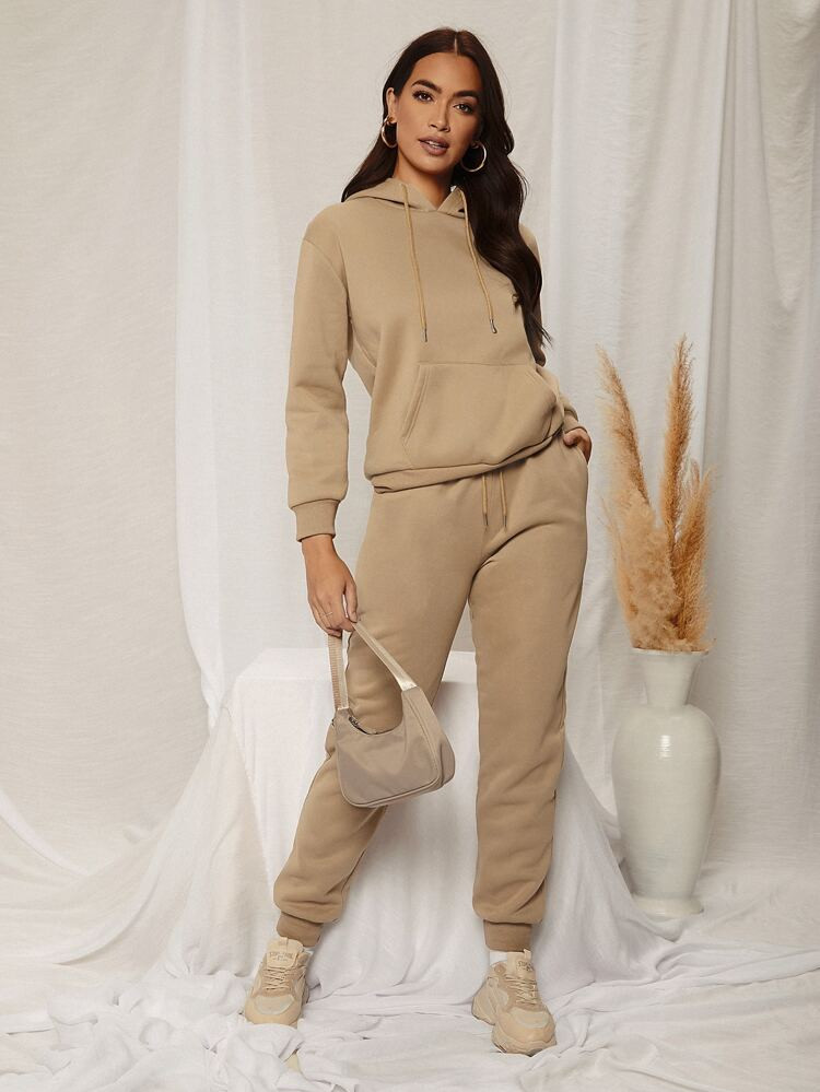 SHEIN SXY Drop Shoulder Drawstring Thermal Hoodie & Sweatpants | SHEIN