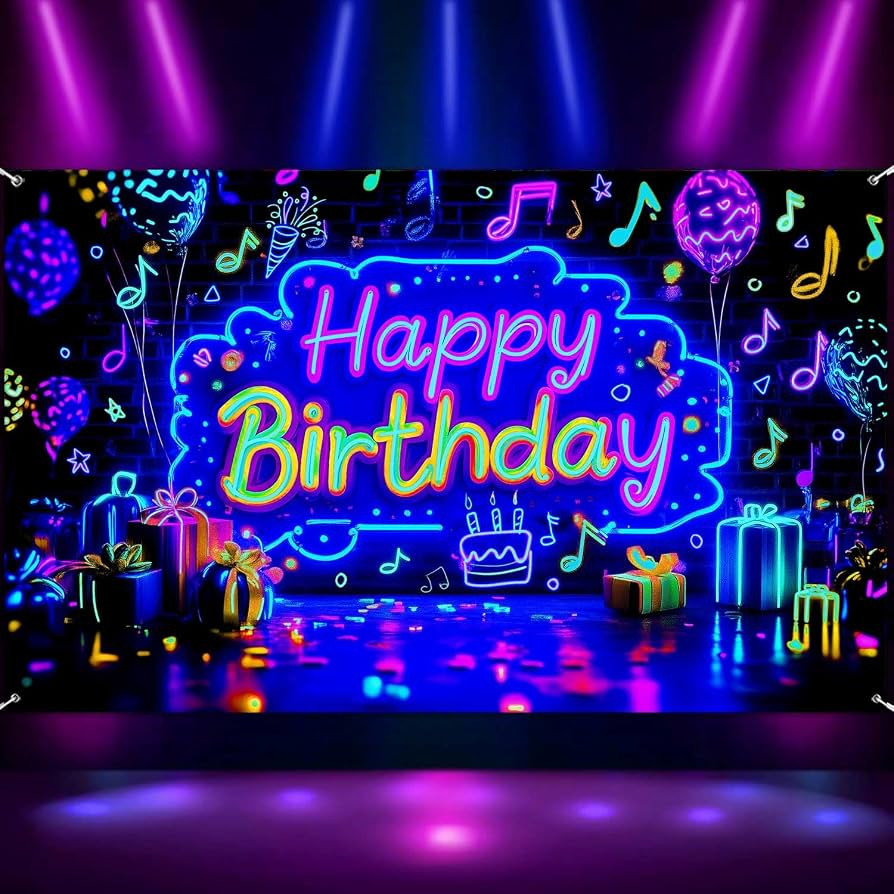 Neon Happy Birthday Party Banner Backdrop, Glow In The Dark Blacklight Birthday Large Banner Part... | Amazon (US)